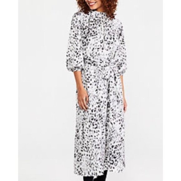 Ann Taylor Maxi Dress 3/4 Long Sleeve L Large Black Gray White Snow Leopard - Picture 3 of 16